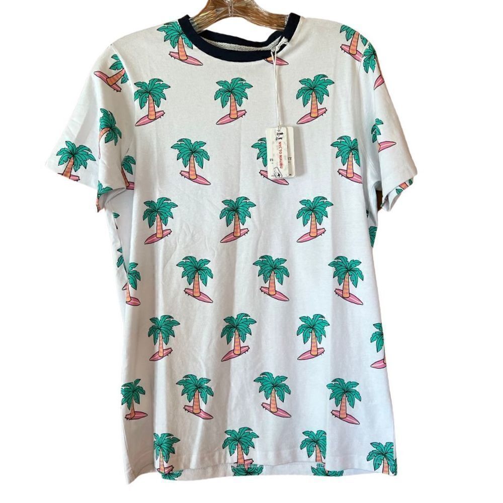 Free Planet Men’s Palm Tree and Surfboard white Tshirt Tee size XS